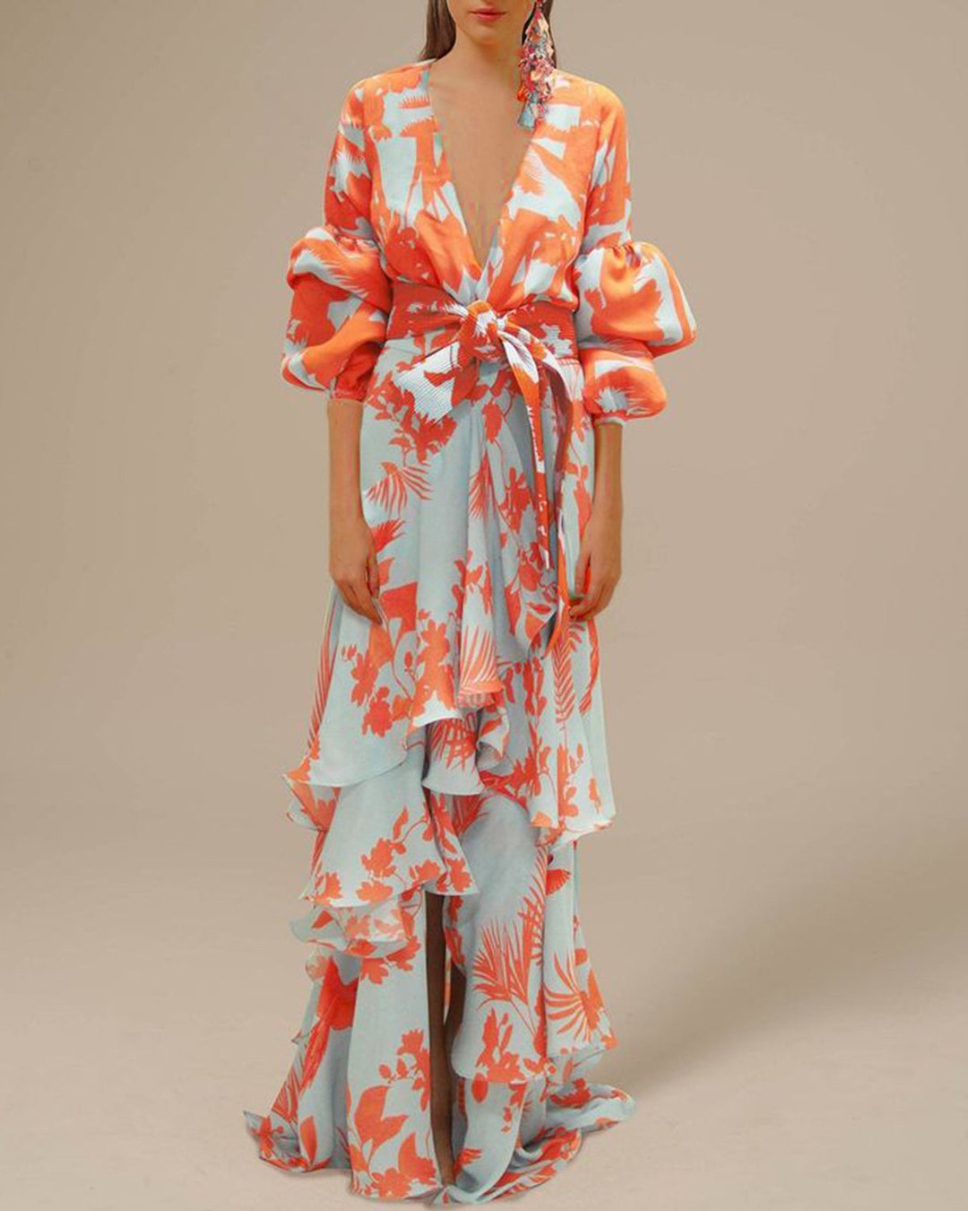 Women's Floral Wrap Maxi Dress — V-Neck Tie-Waist Balloon-Sleeve Ruffle-Hem Dress