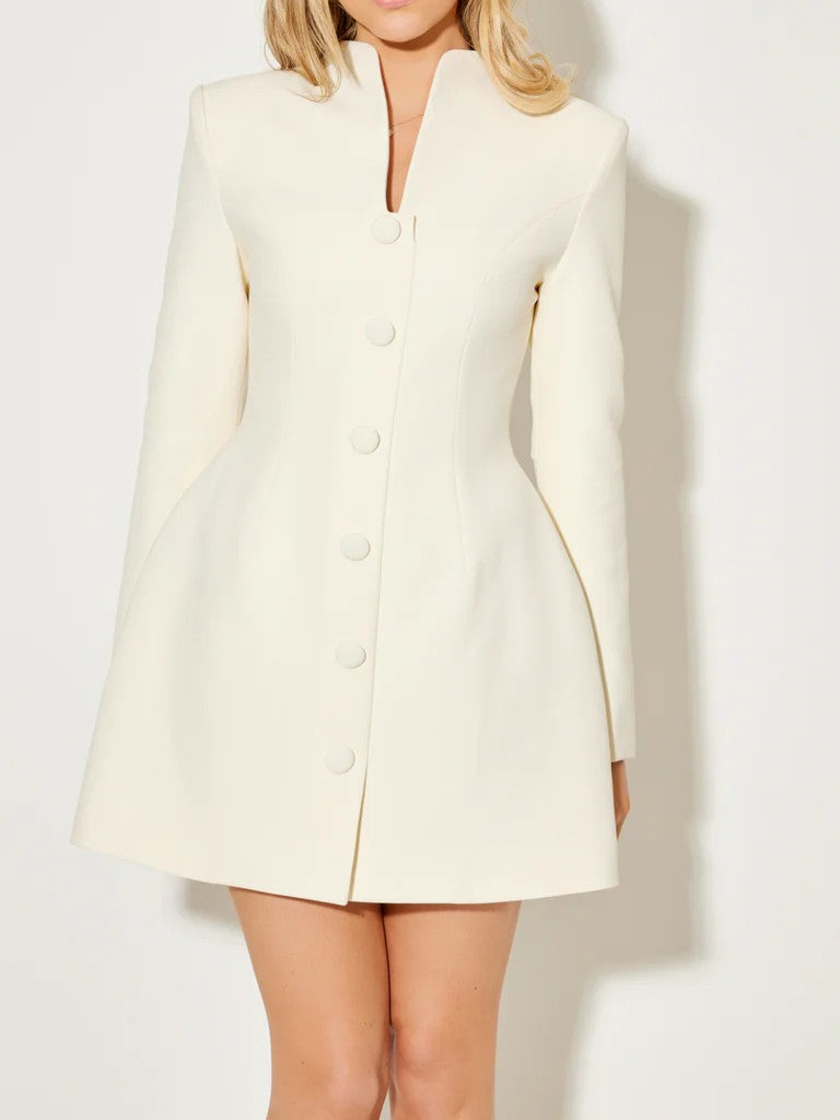 Women's white fitted coat dress with stand collar and button front