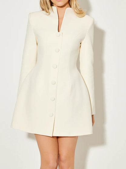 Women's white fitted coat dress with stand collar and button front