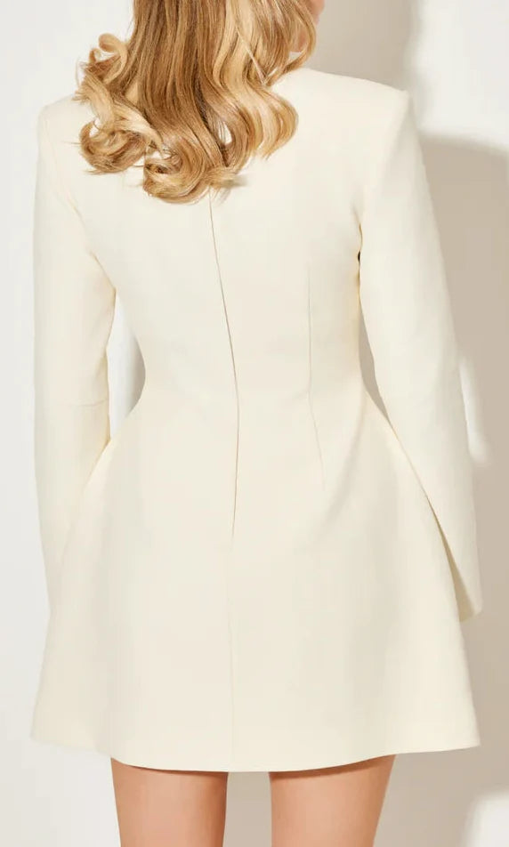 Women's white fitted coat dress with stand collar and button front