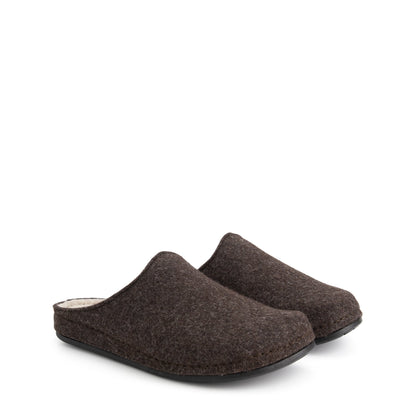 Pair of brown closed-toe house slippers with light footbeds and black flat soles