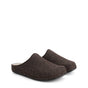 Pair of brown closed-toe house slippers with light footbeds and black flat soles