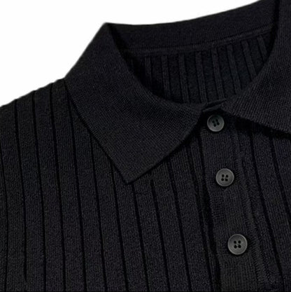 Men's long-sleeve ribbed polo sweater with collared neckline and button placket