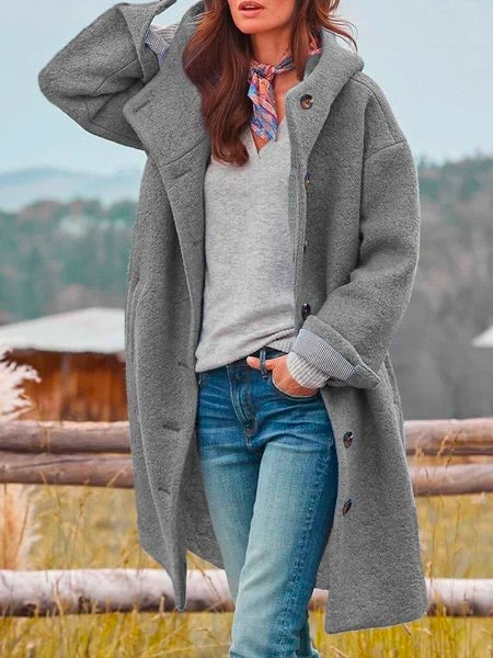 Women's hooded long coat with button front and side pockets