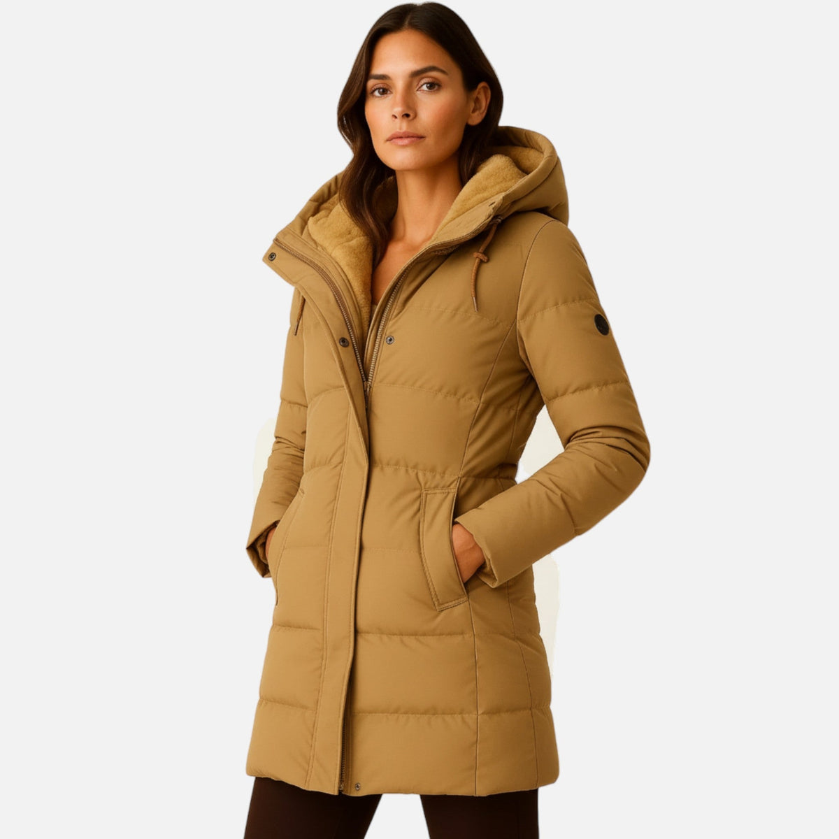 Women's hooded quilted puffer jacket with long sleeves and front pockets
