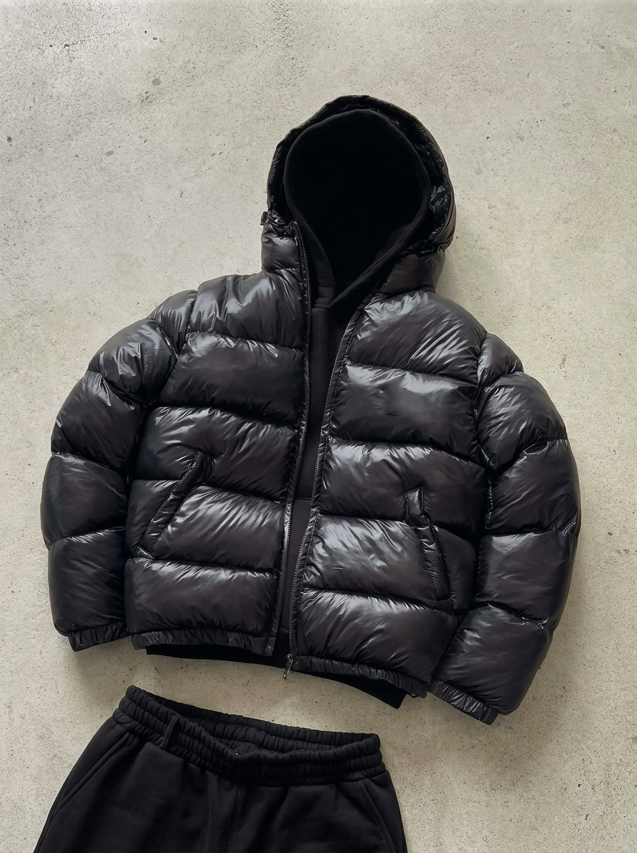 Men's hooded quilted puffer jacket with zip front and side pockets