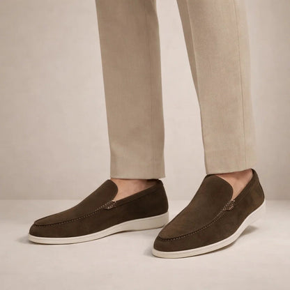 Men's slip-on moc toe loafers with stitched trim and light soles