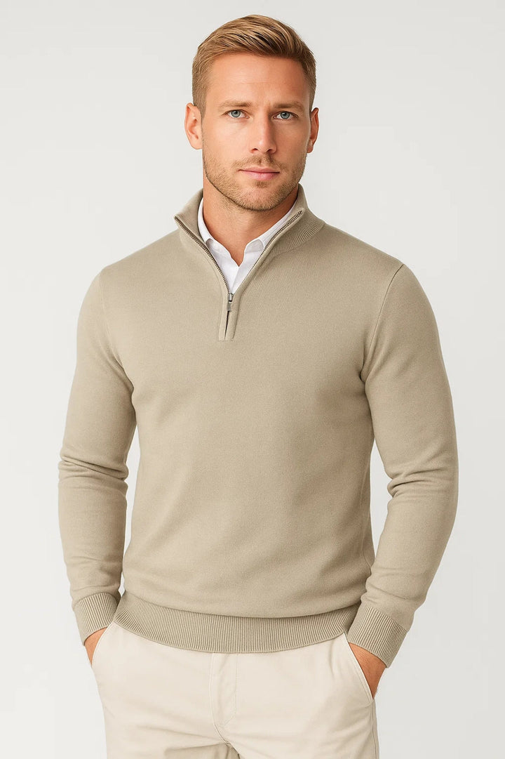 Men's half-zip sweater with mock neck and ribbed trims