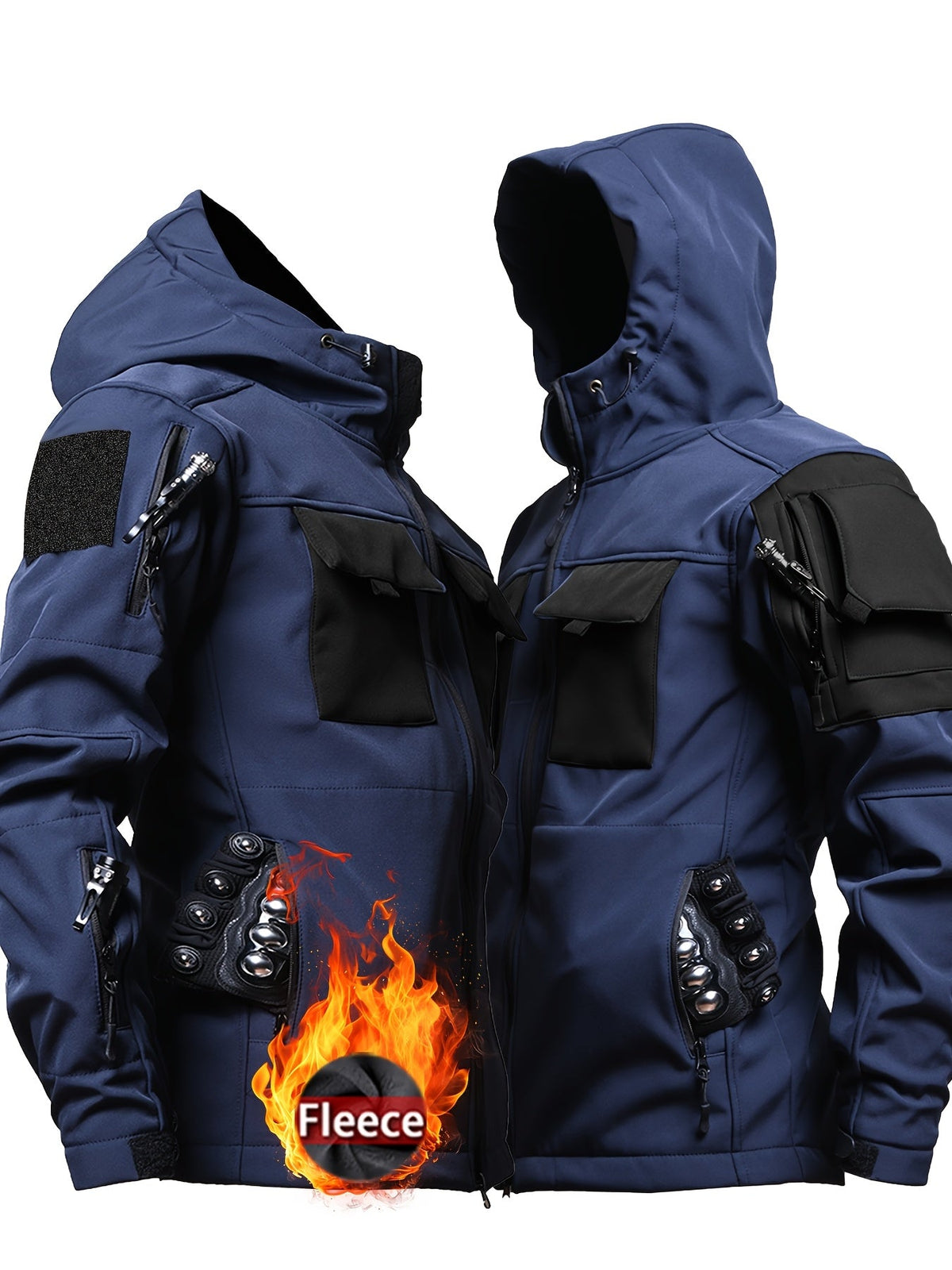 Men's hooded softshell jacket with long sleeves and multiple utility pockets