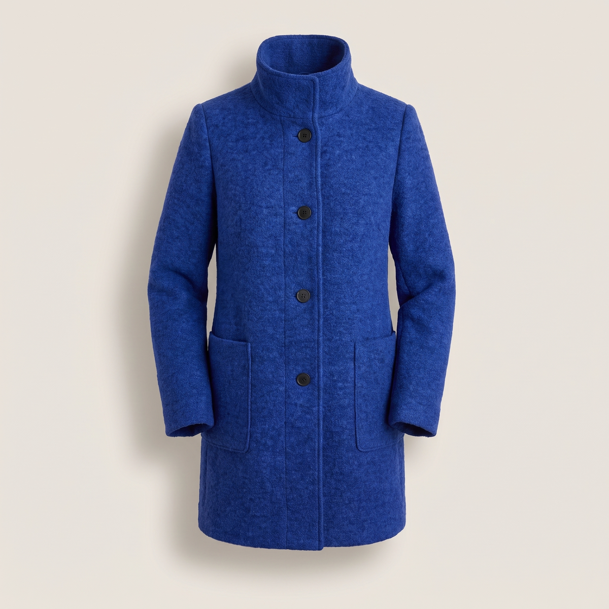 Women's longline trench coat with stand collar, button front and patch pockets