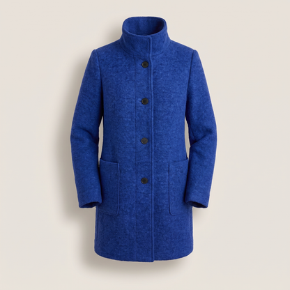 Women's longline trench coat with stand collar, button front and patch pockets