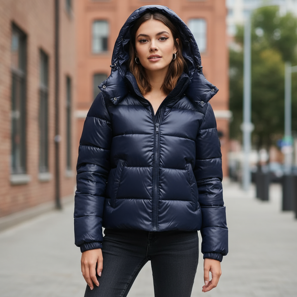 Glossy hooded puffer jacket with horizontal padded panels and front pockets