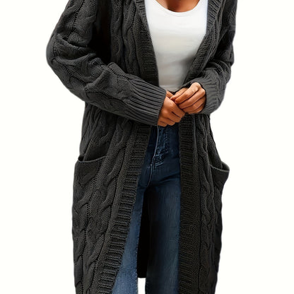 Women's long textured cable knit cardigan with open front and patch pockets