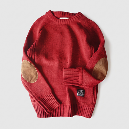 Textured crew neck knit sweater with contrasting elbow patches