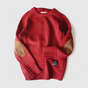 Textured crew neck knit sweater with contrasting elbow patches