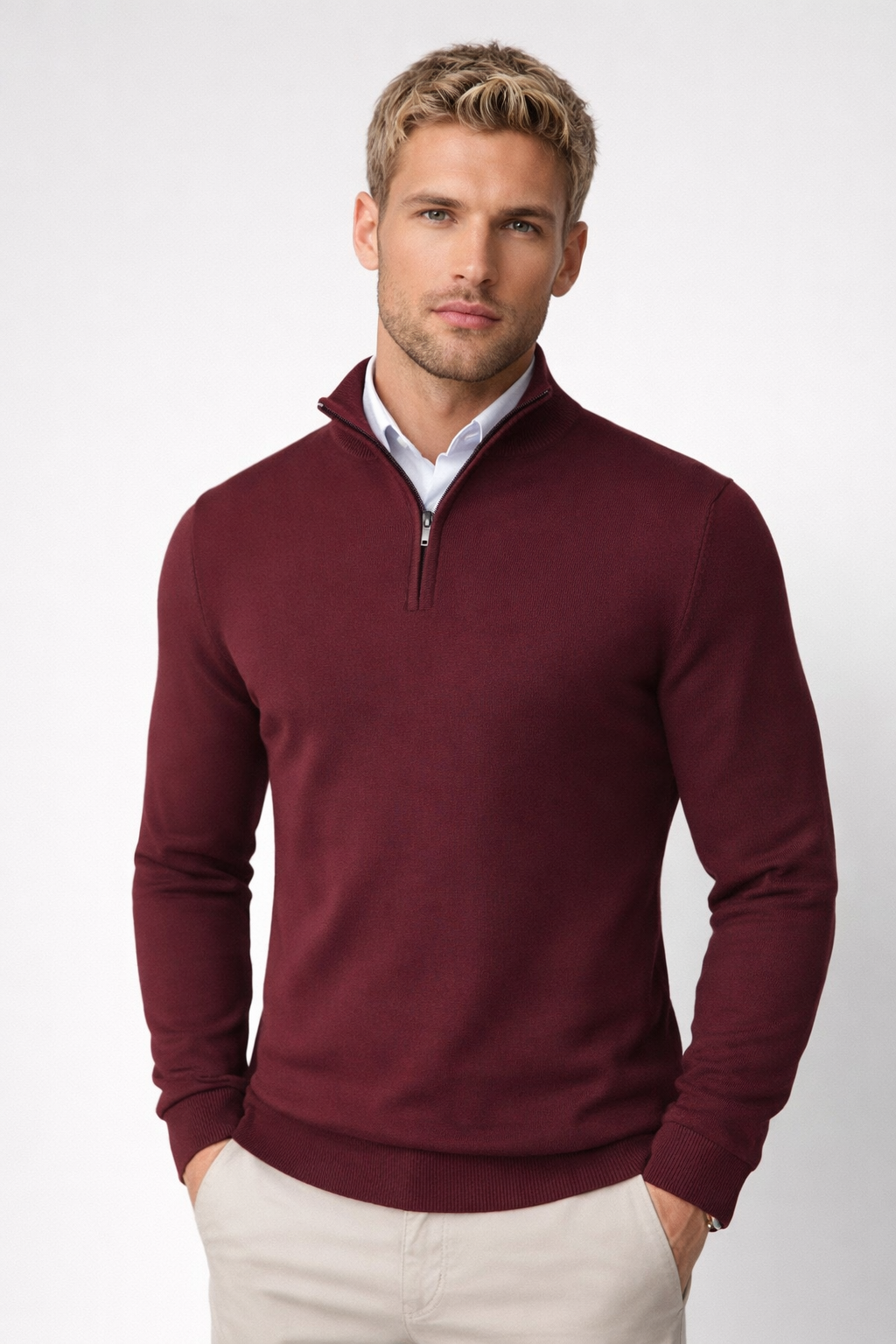 Men's half-zip sweater with mock neck and ribbed trims