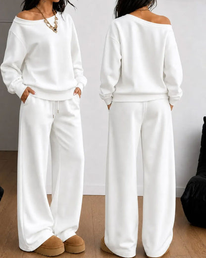 Women's off-shoulder sweatshirt and wide-leg trouser set
