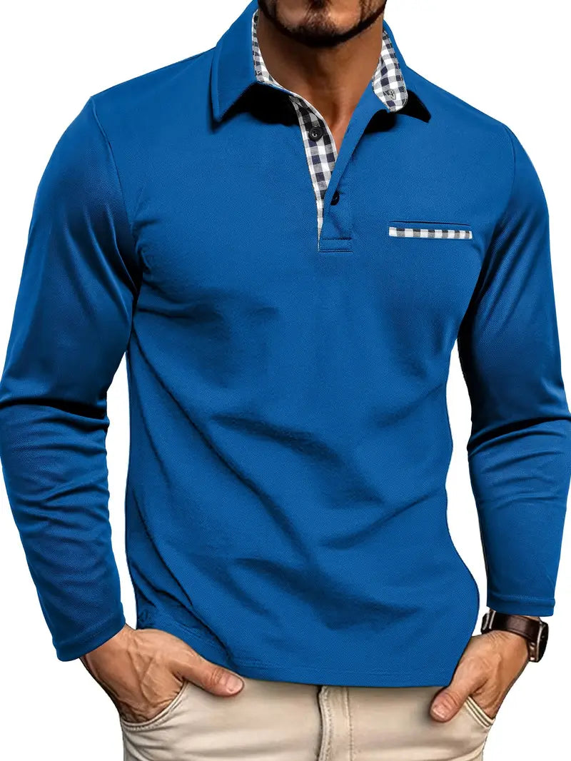 Men's long sleeve polo shirt with checked collar and chest pocket trim