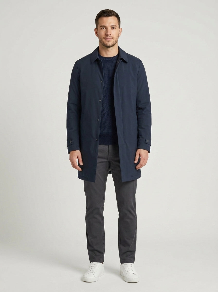 Men's padded button-front coat with shirt collar and quilted interior