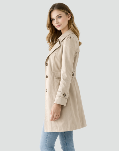 Women's slim fit trench coat with lapel collar, buttons, waist pockets and cuff straps