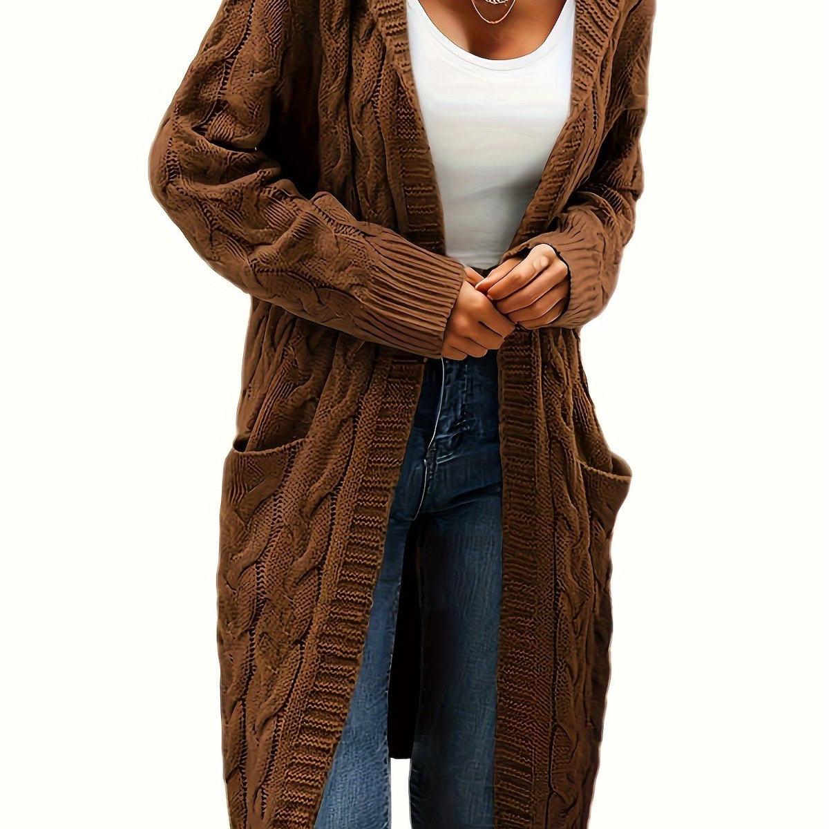Women's long textured cable knit cardigan with open front and patch pockets