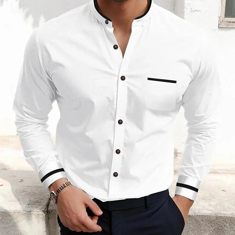 Men's long-sleeve grandad collar shirt with contrast trim and chest pocket
