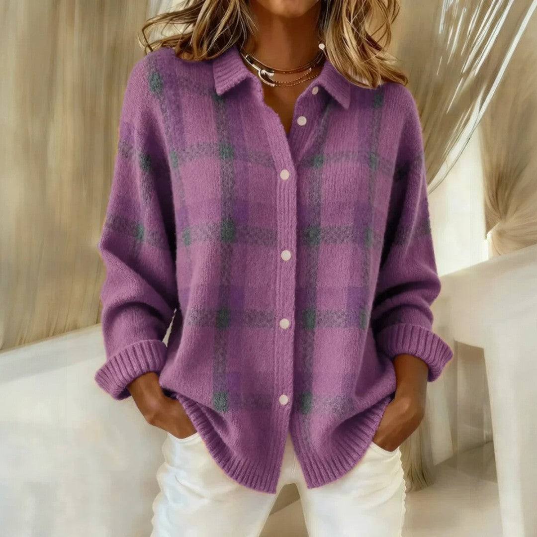 Women's checked collared button-front sweater with long sleeves