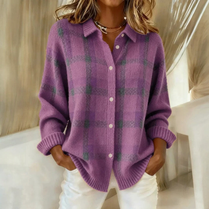 Women's checked collared button-front sweater with long sleeves