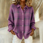Women's checked collared button-front sweater with long sleeves