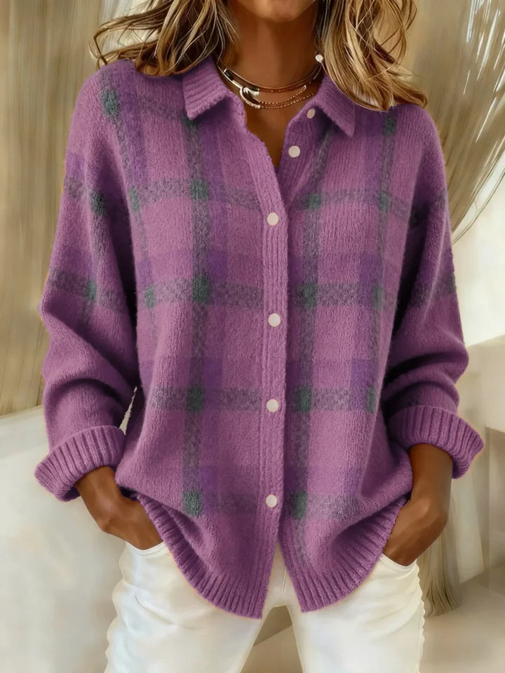 Women's checked button front shirt with collar and long sleeves