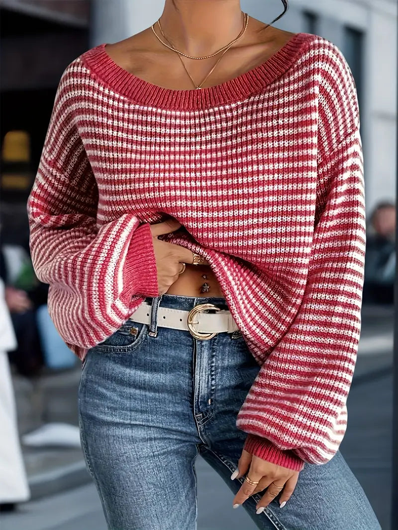 Women's striped knit jumper with crew neckline and long sleeves