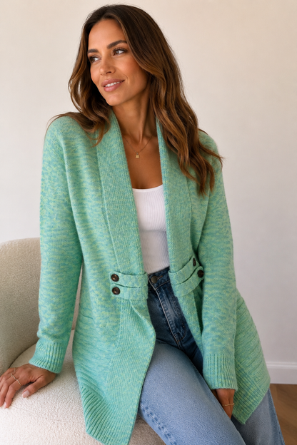 Women's long textured cardigan with open front, long sleeves and buttoned pocket tabs