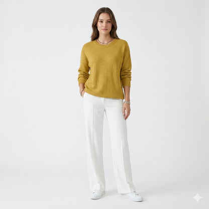 Women's crew neck long sleeve knit sweater with ribbed trims