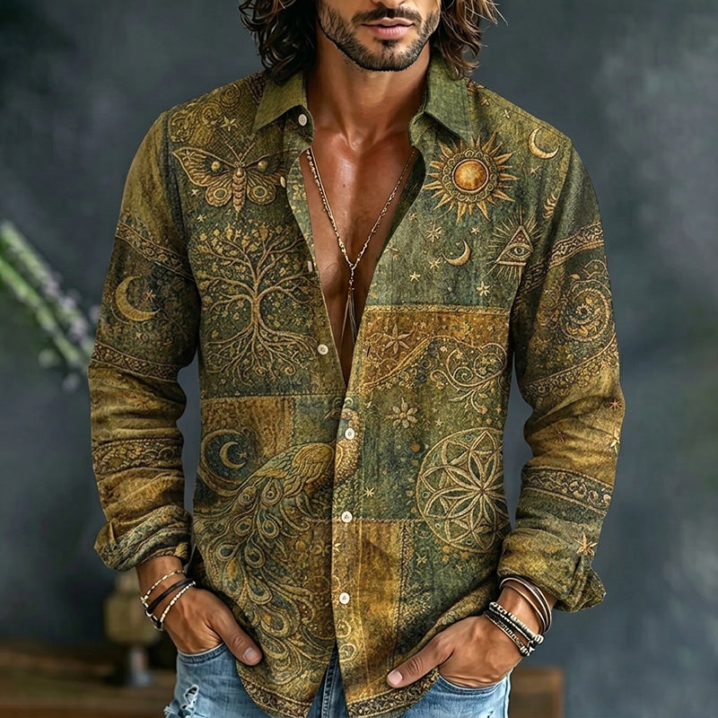 Men's long-sleeve patchwork shirt with peacock, sun, moon and paisley print