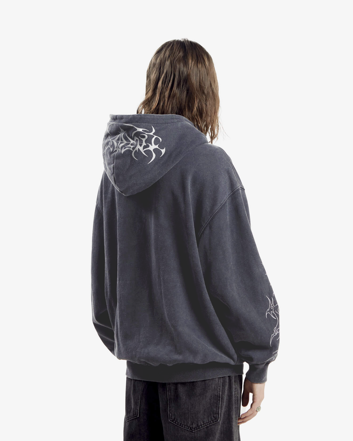 Black hooded zip hoodie with monochrome cathedral graphic and printed sleeves