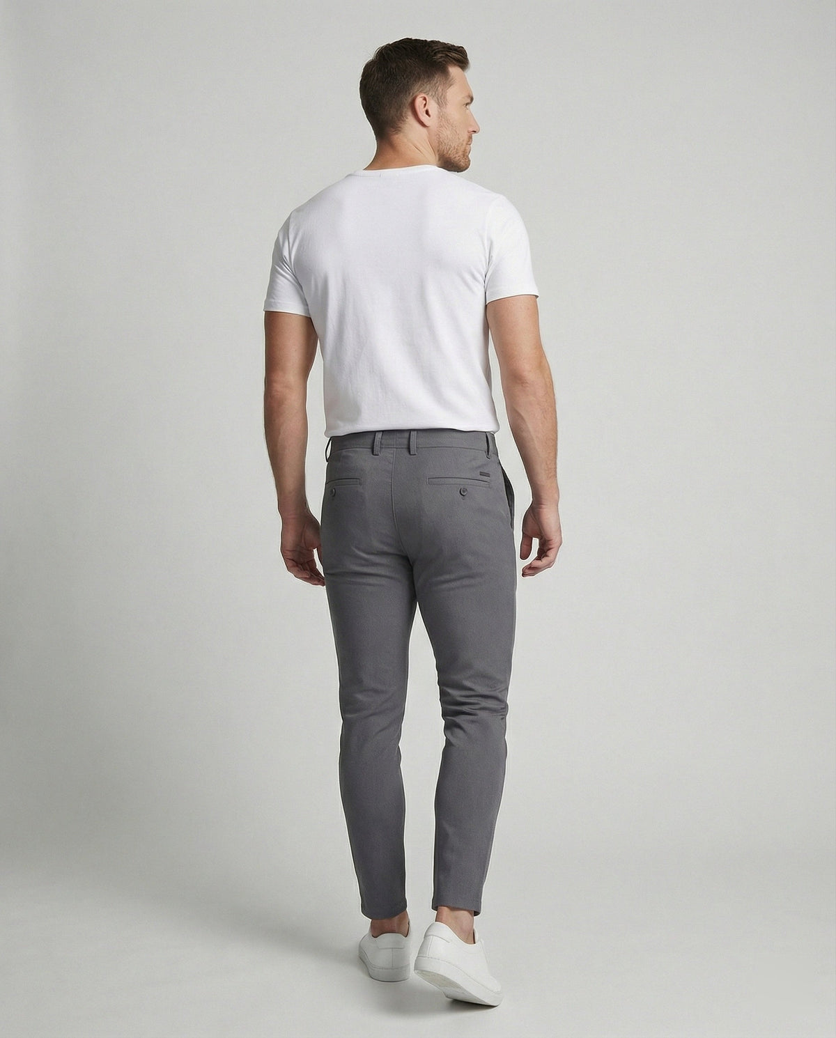Men's grey slim fit chino trousers, front view