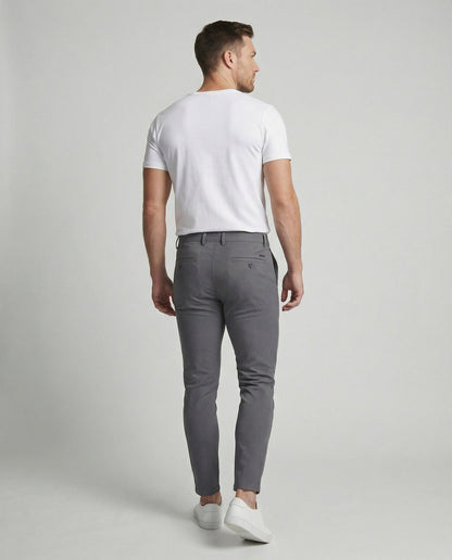 Men's grey slim fit chino trousers, front view