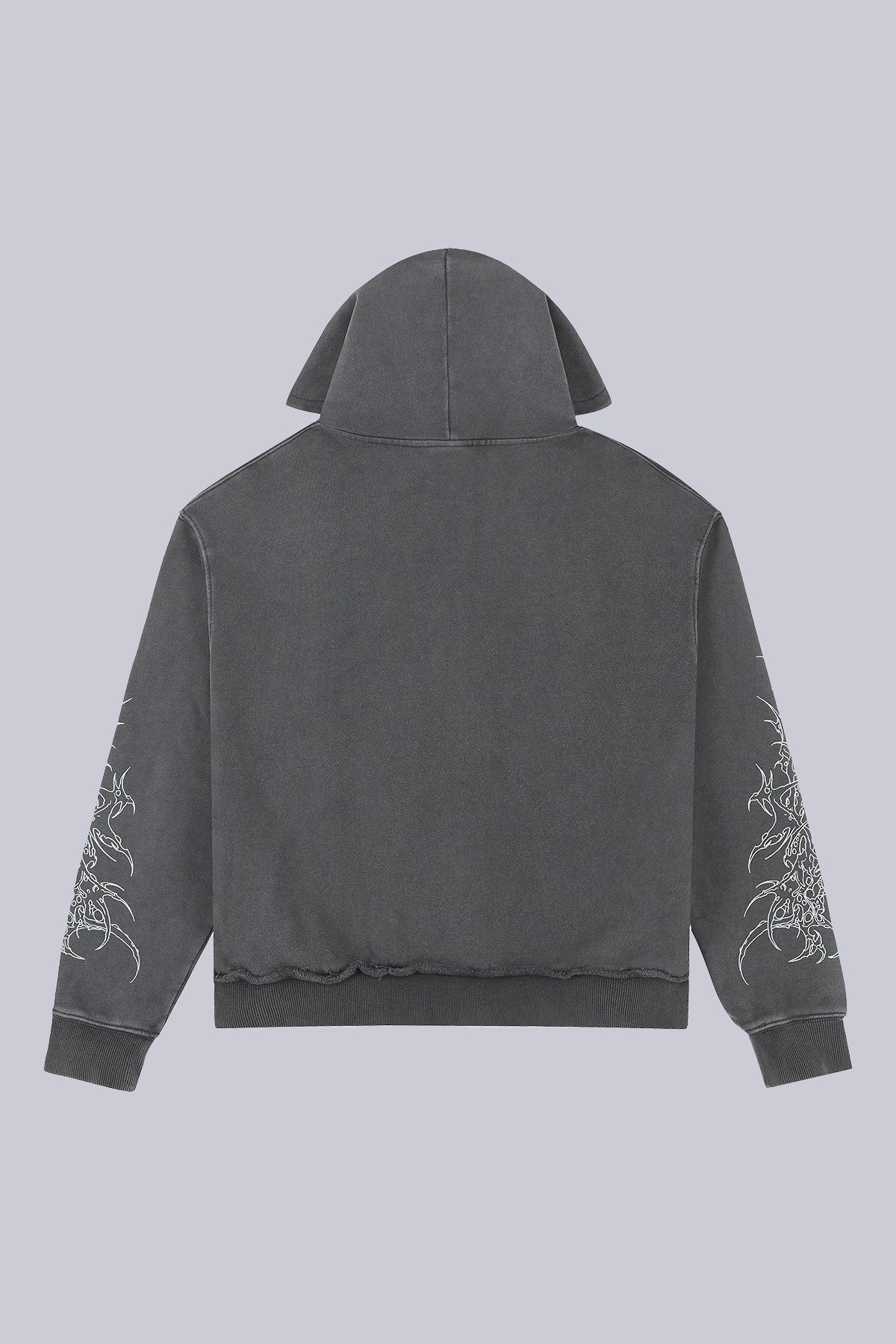 Black hooded zip hoodie with monochrome cathedral graphic and printed sleeves