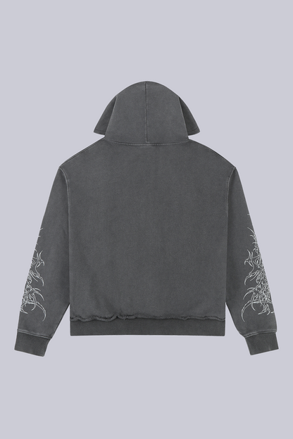 Black hooded zip hoodie with monochrome cathedral graphic and printed sleeves
