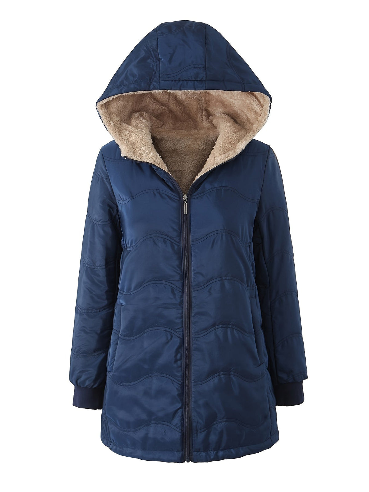 Women's long hooded quilted jacket with fleece-look lining and zip front