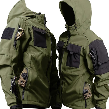 Men's hooded softshell jacket with long sleeves and multiple utility pockets