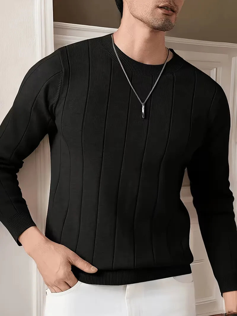 Men's long-sleeve ribbed crew neck sweater with vertical panels