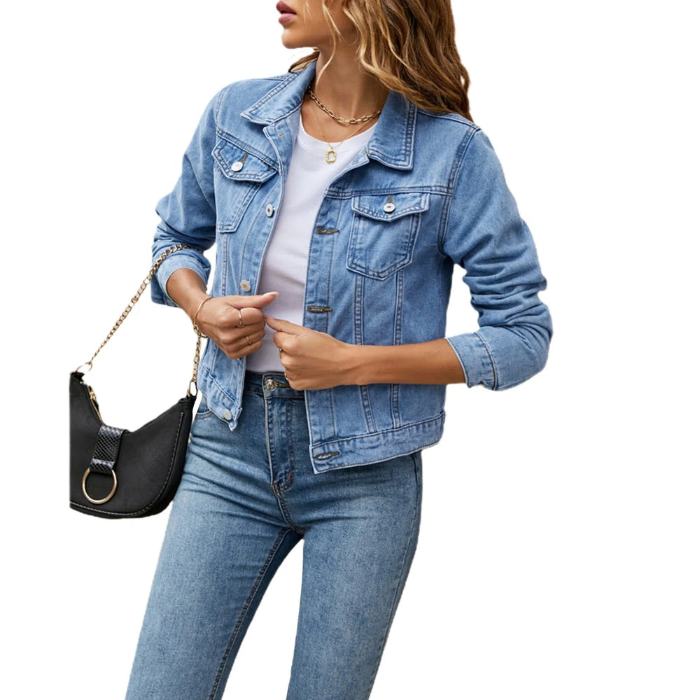 Women's relaxed denim jacket with button front and chest pockets