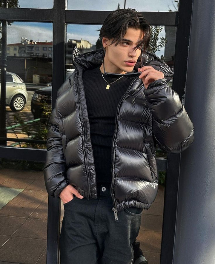 Men's hooded quilted puffer jacket with full zip front