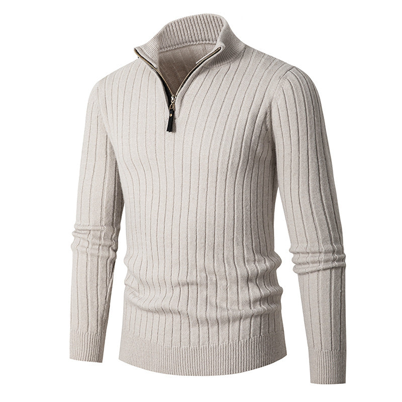 Men's ribbed quarter-zip sweater with mock neck and long sleeves