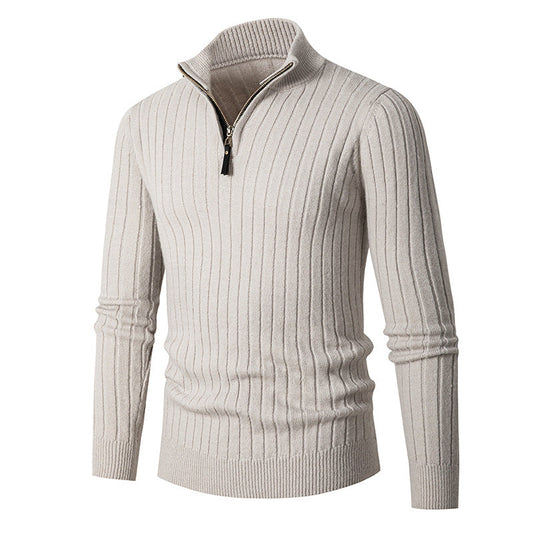 Men's ribbed quarter-zip sweater with mock neck and long sleeves