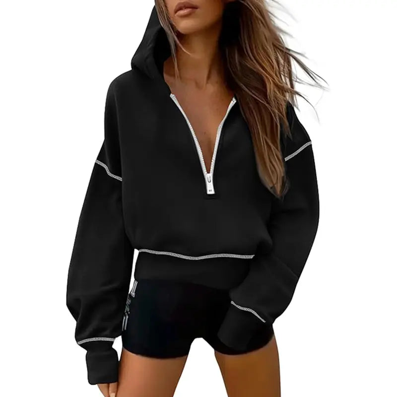 Women's cropped hooded sweatshirt with half zip and contrast stitching
