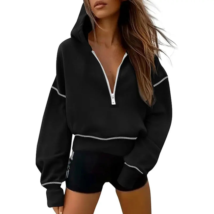 Women's cropped hooded sweatshirt with half zip and contrast stitching