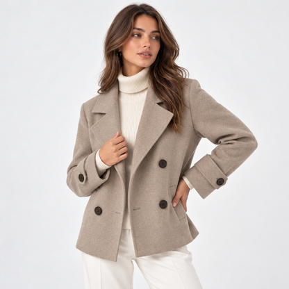 Women's short double-breasted coat with notched lapels and buttoned cuffs