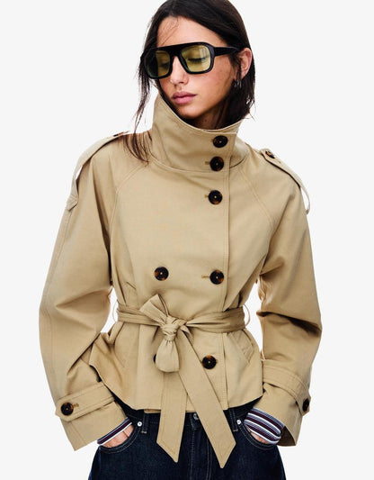 Women's cropped double-breasted jacket with stand collar, belt and long sleeves